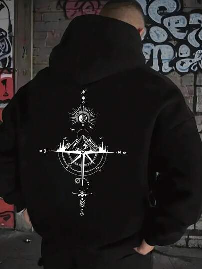 Plus Size Men's Compass & Mountain Print Loose Fit Drawstring Hoodie Sweatshirt, Casual Autumn/Winter, 2000s Style