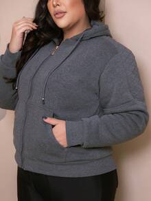 PLUS SIZE WOMEN'S BLOUSE WITH ZIPPER, POCKETS AND FUR - Dark Grey - View 1