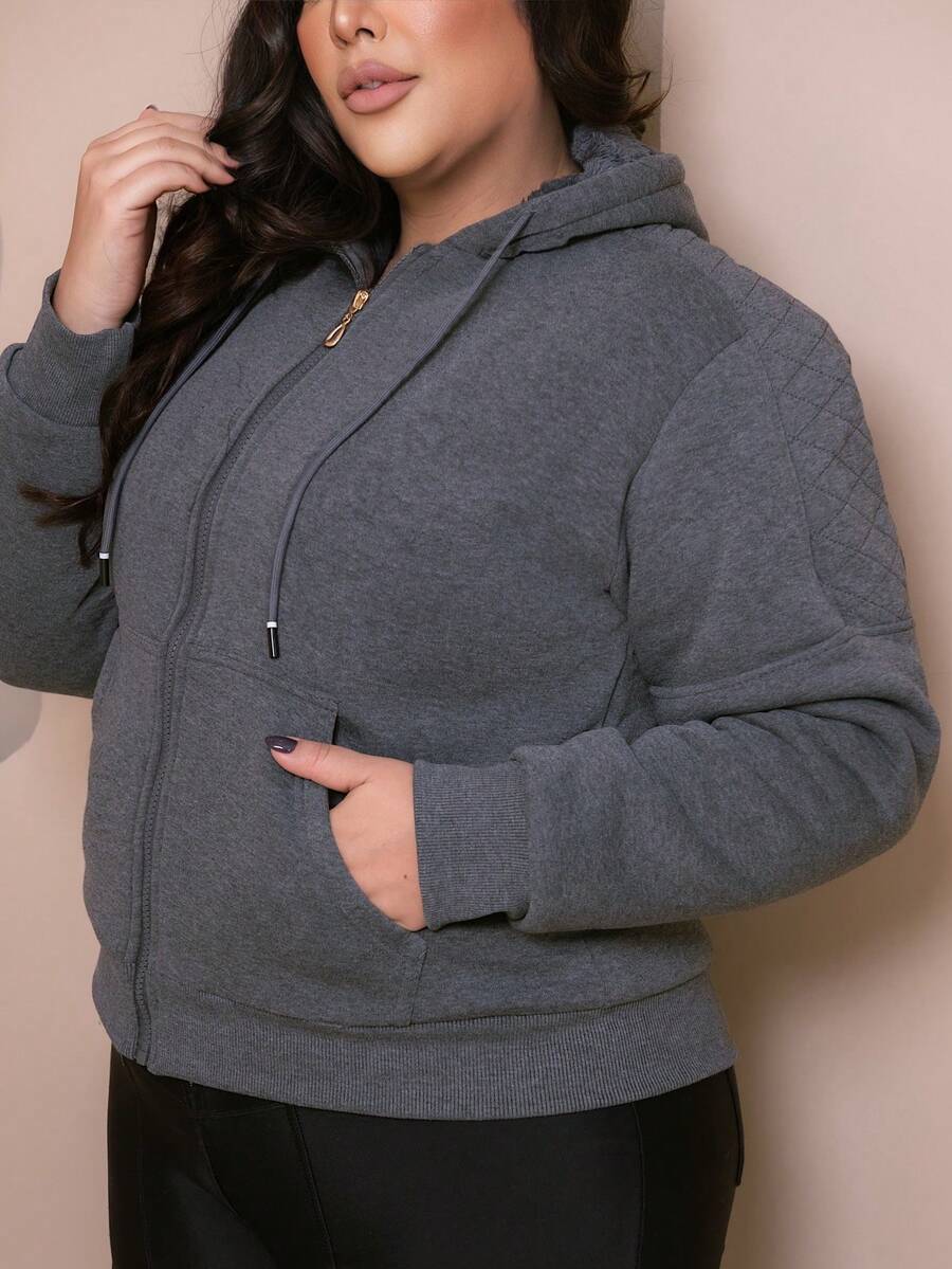 PLUS SIZE WOMEN'S BLOUSE WITH ZIPPER, POCKETS AND FUR - Dark Grey - View 1