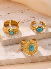 3pcs Vintage Boho Turquoise Ring Set, Fashion Personalized Rings For Women, Antique Bohemian Style Jewelry, Suitable For Daily And Party