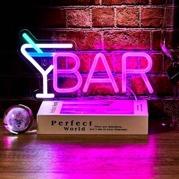 1 Stück leuchtendes rosa "Bar" LED Neon Schild - USB betrieben, wandmontierbar mit Cocktailglas Illustration für Bars zuhause, Partys, Hochzeiten und Feiern - Neon Schilder für Wanddekoration