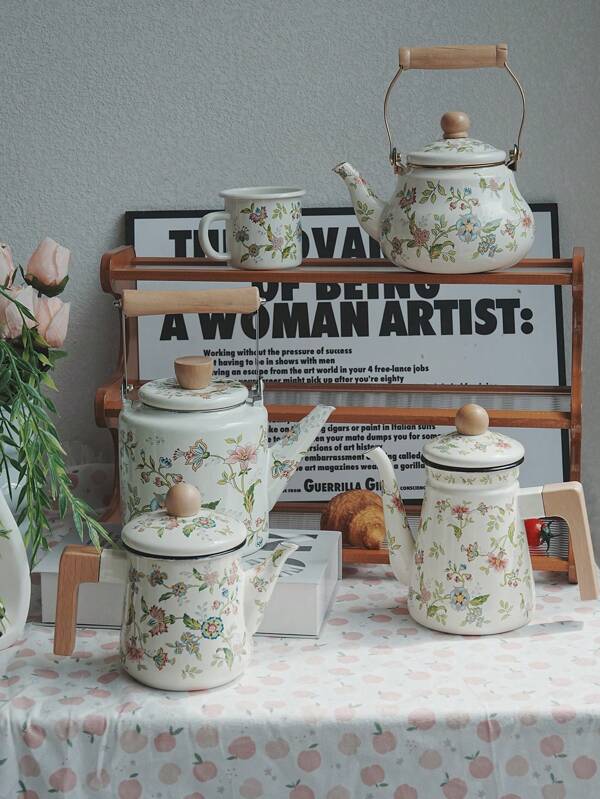 1pc Metal Handle Teapot, Wooden Handle Teapot, Ceramic Handle Teapot, Small Teacup, Tea Canister, Handmade Teapot, Home Tea Enamel Kettle, Desktop Decorative Enamel Kettle