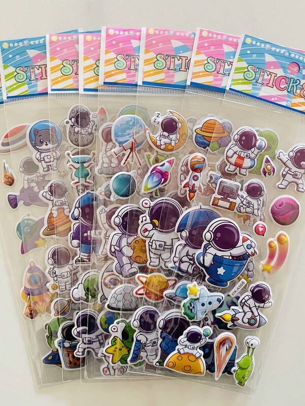 8 pièces/set Autocollants gonflés 3D, astronaute de bande dessinée, satellite, soucoupe volante, station spatiale, autocollants décoratifs DIY, récompenses pour étudiants, cadeau pour fête de vacances, styles aléatoires