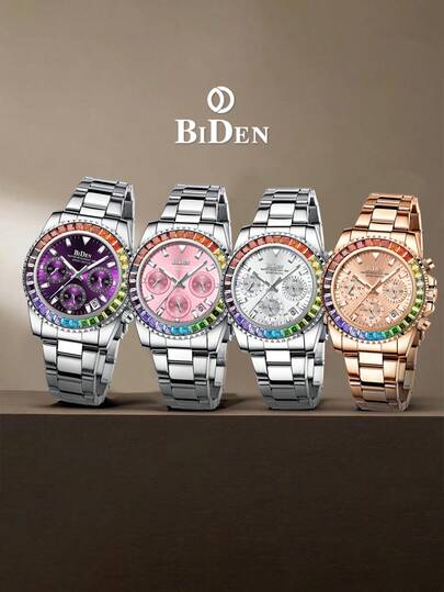 BIDEN 1pc Women's Quartz Watch, Fashion Business Style, Colorful Diamond Case, Chronograph Function, Luminous Hands - Auto Date - Waterproof, Stainless Steel Strap, Suitable For Casual Or Formal Occasions, Holiday Gift, Comes With Bracelet Adjuster Tool + Gift Box