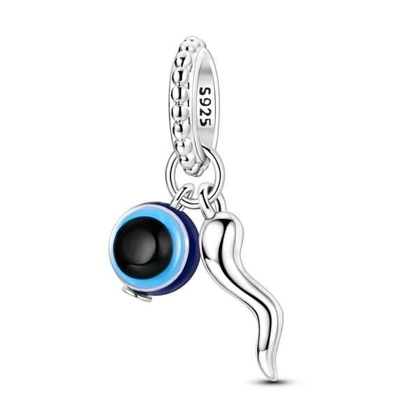 925 Silver Evil Eye & Horn Charm Pendant Fits Original Bracelet Necklace, Bohemian Talisman Jewelry Gift (Spiritual Protection)