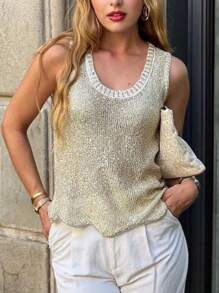 Top a maglia casual con paillettes e senza maniche, a tinta unita, con lavorazione traforata, base per abbigliamento estivo, adatto per uso quotidiano, vacanze estive, uscite, crop top da donna