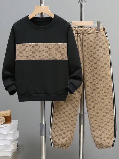 男童休闲简约春秋装两件套 儿童秋季金色印花时尚休闲拼布黑色连帽衫+印花条纹裤套装 男童休闲简约印花图案圆领长袖卫衣和松紧腰裤两件套