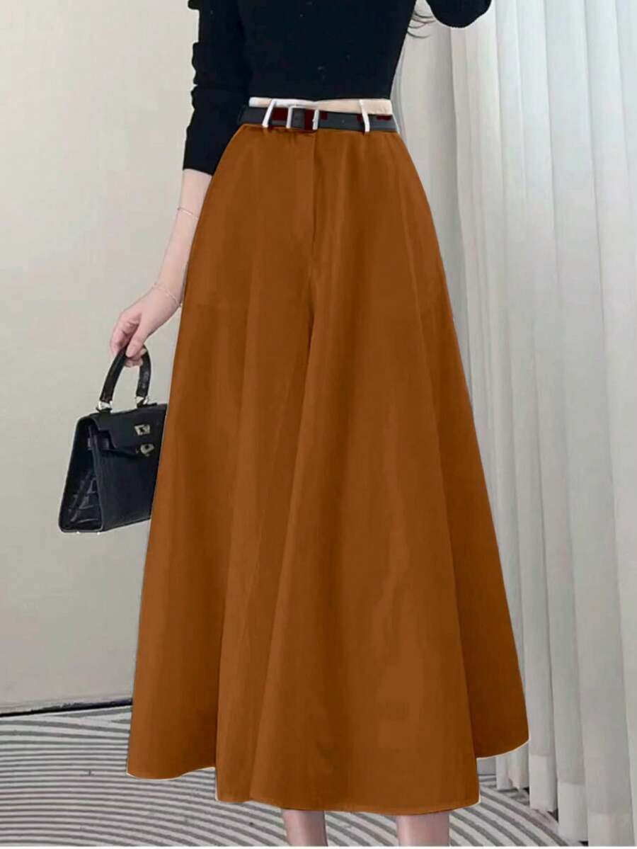 Solid Color High Waist Skirt With Pockets On Both Sides And Wide Hem - Brown - View 1