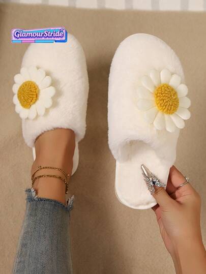 Pantuflas de mujer con suela de TPR con diseño floral - Pantuflas blancas con diseño de margaritas cómodas para interiores/exteriores, chanclas planas para mujer