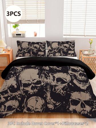 3 件套柔软舒适涤纶骷髅印花床上用品套装：1 件羽绒被套 + 2 件枕套，不含枕芯，适用于卧室、客房或宿舍（男孩和女孩宿舍床上用品）