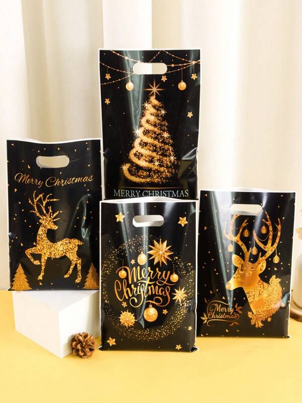 10/20/50pcs Merry Christmas Hand-Held Gift Bags With Christmas Tree + Golden Deer Design - Reusable Black Gold Elegant Party Favor Bags For Christmas Decorations For Home 2025, Festive Reusable Treat Bags & Gifts Wrapping, Holidaythemed Design,Happy New Year Eve 2026
