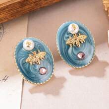 1 Pair Fashion Oval Drip Oil Bee Inlaid Design Women Copper Alloy Daily Party Gift Earrings