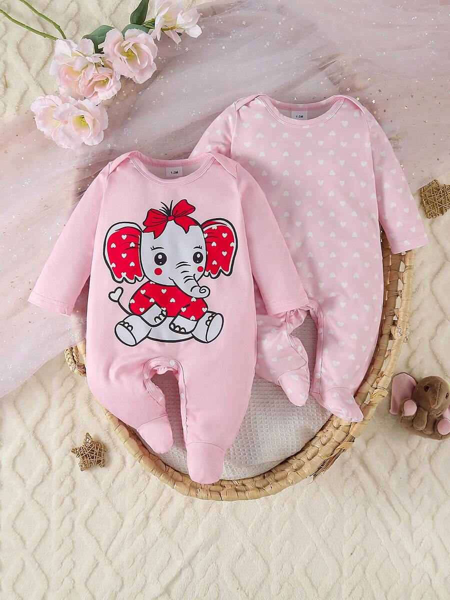 2pcs/Set Newborn Baby Elephant Heart Footie Jumpsuit, Long Sleeve, Suitable For All Seasons - Pink - View 1