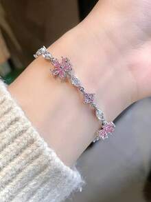 1pc Elegant Pink Crystal & Zirconia Sakura Flower Bracelet, Bridal Fashion Jewelry Valentine's Day Accessories - Multicolor - View 2