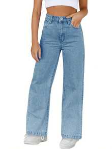 Haloumoning Girls' Stretch Denim Jeans - Casual Straight Leg, Elastic Waistband, Light Blue, Long Pants With Pockets, Machine Washable - Perfect For All Seasons, Comfortable Playwear|Classic Blue Jeans|Cotton Polyester Blend - Màu xanh lam - Xem 3