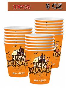 50pcs Halloween Theme Paper Plates, Cups And Napkins, Birthday Party Decorations, Happy Halloween, Pumpkin Bat, Castle Elements, 7 Inch Party Dessert Plates, 9 Inch Dinner Plates And 9oz Paper Cups, Napkins, Halloween Party Supplies - Multicolor - View 6