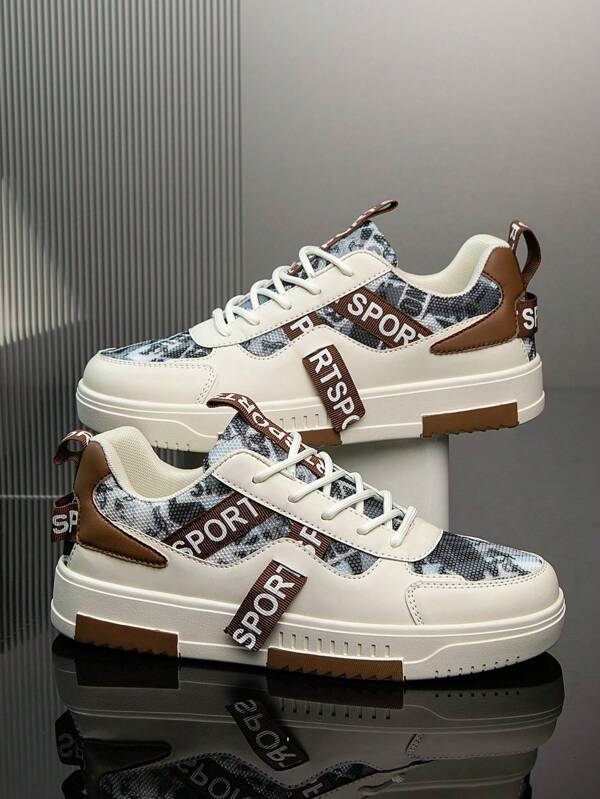 Fashion Vintage Random Print Design Men's Leather And Mesh Skateboard Shoes, Versatile Casual Sports Sneakers, Suitable For All Seasons