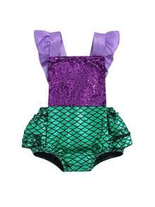 Pelele de sirena con lentejuelas para niña recién nacida, mono sin espalda con volantes y sin mangas, conjuntos encantadores - Verde - Ver 8