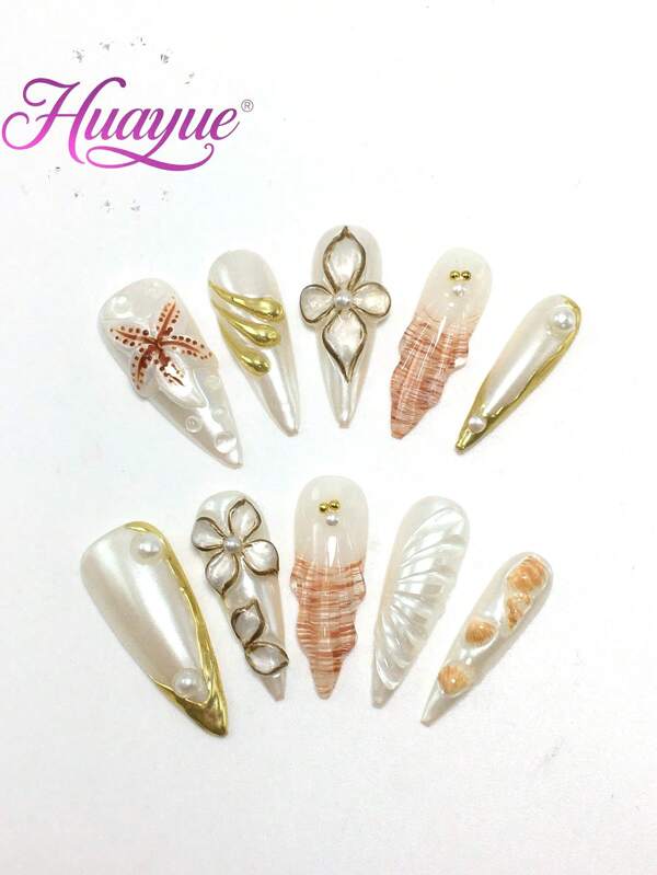 10 pares de saltos altos de 3,3 cm, feitos à mão, unhas postiças, suprimentos para unhas, unhas de verão, unhas compridas, estrelas do mar, conchas, concha, praia, verão, estilo francês, pérola, strass, cola de modelagem esculpida tridimensional 3D e versátil, adequado para várias ocasiões, estilo para todas as quatro estações, presente perfeito para amigos, melhores amigos, parentes e bons amigos, dia dos namorados, presente de aniversário, reutilizável e vestível.