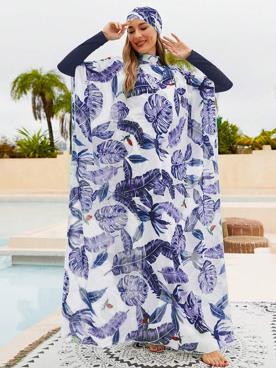 VFJ Tropical Plant Print Women Long Sleeve Long Pants Burkini Swimsuit Set With Coverup Dress And Hijab