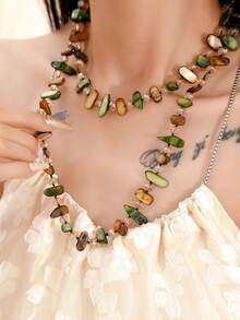 1pc Bohemian Asymmetrical Natural Shell Beads Double Layer Necklace, Retro Luxury Resort Long Necklace Accessory - Multicolor - View 6