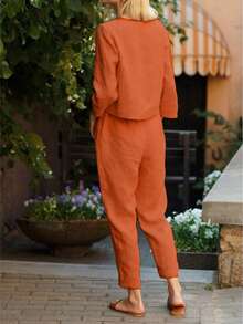 Conjunto casual de 2 piezas, unicolor, para mujer: blusa de manga corta y pantalón largo, para uso diario con estilo - Naranja - Ver 2