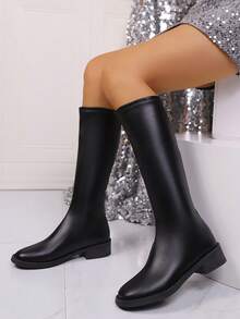 女士中筒靴，时尚踝靴，纯色通勤优雅仿皮中筒靴，办公室和户外平底低跟靴，一脚蹬弹力皮靴