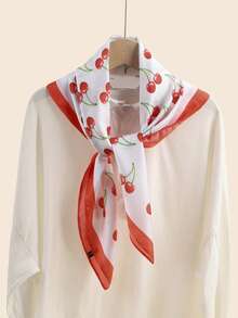 1pc Cute Cartoon Cherry Pattern Personalized Bandana, Decorative Faux Silk Scarf - A - View 2
