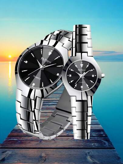 BIDEN 2pcs Pieces/Set Of Fashionable Couple Watches With Quartz Movement, Bar Scale, Circular Dial Suitable As Holiday Gift+Box