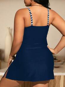 Swim Chiccia 加大码夏季海滩撞色条纹褶饰比基尼套装 - 彩色 - 查看 2