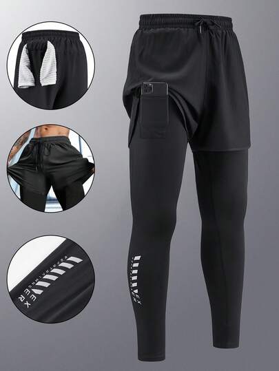 Men's 2-In-1 Sports Pants With Liner, Elastic Quick Dry For Running, Fitness, Basketball