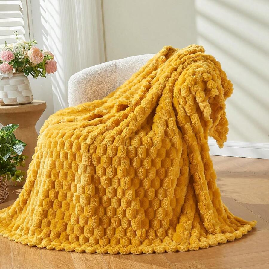 Super Soft King Blanket Pink Premium Silky Flannel Fleece 3D Ribbed Jacquard Lightweight Bed Blanket All Season Use (Pink Ribbed, King(90"X110")) - 芥末黃 - 查看 1