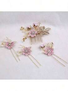 4-delige set elegante en charmante bruidshaaraccessoires, hoofddekselset voor bruiden (de plaatsing van de handgemaakte bloemen kan enigszins variëren) Haarkammen, kammen voor haar, zijkam