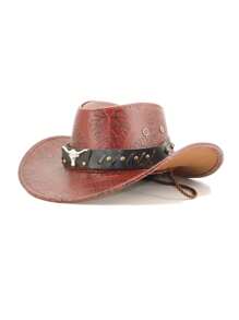 1pc Unisex Solid Color PU Leather Cowboy Hat, Unique Shiny 3D Bull Head Design With Leather & Metal Rivet Wide Belt Decor, Wide Brim Sun Protection Hat, New Vintage Wide Brim Sun Hat, Adjustable Cord Cyberpunk Stylish Cool Novelty Punk Style Wide Brim Cap