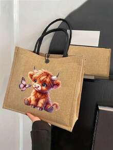 迷人高地牛主题印花图案亚麻手提包、零钱包、字母、拉链袋、个性礼品包、卡通趣味多功能手提包、带黑色扣环的黄色亚麻黑色手提包、购物袋、化妆包、杂物收纳袋