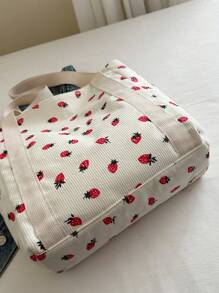 Bolso de hombro con estampado de fresa sencillo para mujeres, bolso de tela tipo tote de gran capacidad para viajes, vacaciones y uso al aire libre, bolso casual y versátil con múltiples bolsillos y asa superior de pana, bolso ligero y portátil para compras diarias y uso diario.