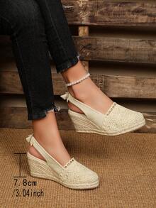 Woven Closed Toe Bun Holder Elastic Bowknot Rope Decor Stylish Lightweight Casual Women Wedge Slides - Beige - View 8