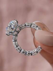 1PC Luxury Oval Engagement Ring For Women, Elegant Minimalist Design With Synthetic Diamonds, Glass Material, Perfect For Daily Wear, Parties, And Valentine's Day Gift, All-Season Fit - 戒指 - 查看 4
