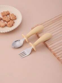 2PCS Personalized Customization Name Children Tableware Set Silicone Spoon Fork Handle Set With Stainless Steel Tips Training Cutlery Print On Demand Children Feeding Tools,Christmas Gift Supplies