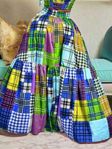 假日时尚波西米亚格子印花拼布松紧腰腰侧口袋半裙。