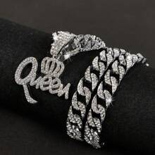 1pc New Stylish Hip Hop Diamond Encrusted "QUEEN" Pendant Necklace, Removable Fashionable Crown Queen Pendant - Versatile Gift For Women To Wear Casually Or To Parties
