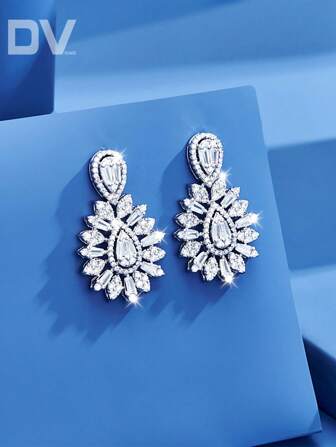 DV JEWELRY 1 Pair Luxury Platinum Plated Cubic Zirconia Pendant Earrings, Elegant Jewelry Gift For Women, Suitable For Dates, Weddings, Parties, Anniversaries With Gift Box