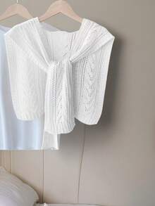 1pc Women Hollow Out Knitted Shawl, Versatile New Design With Bow Decor Poncho, Solid Color Collar Wrap, Perfect For Air Conditioned Room And Outdoor Matching For Dress - Multicolor - View 6