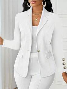 Women's Solid Color Elegant Lapel Long Sleeve Button Faux Pocket Regular Jacket White Spring - White - View 2