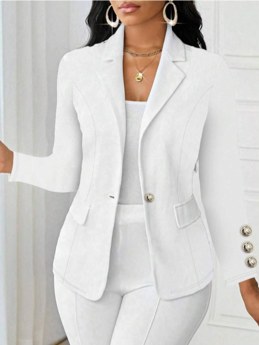 Women's Fashion Elegant White Knit Lapel Long Sleeve Regular Fit Jacket With Button And Faux Pocket Detail Design - White - View 1