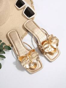 女士法式平底金色花朵系带凉鞋，夏季户外穿着新款时尚凉鞋，适合约会、购物、派对 - 金色 - 查看 7