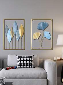 3 件金色金属墙饰叶壁挂，3D 彩绘金属墙饰，适合客厅、卧室 - 彩色 - 查看 2