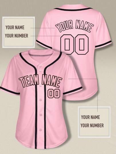 Women's Solid Color Custom Baseball Jersey Double-Sided Printed, Pink Baseball Shirts Uniform Personalized Team Name Number, Baseball Jersey T-Shirt Gift For Mom, 100% Polyester Quick-Dry Ventilate Softball Jerseys For Outdoor Sports,Custom Halloween Christmas Holiday Gift
