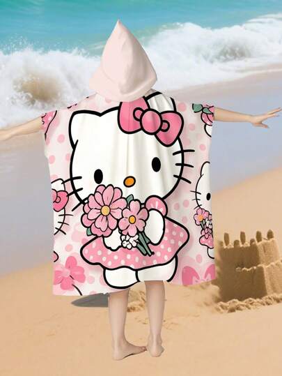 Sanrio 1pc Cute Kitty & Kuromi Print Toddler Beach Towel (23.62*23.62inch), Children's Swimming/Beach Poncho, Super Soft Fiber Kids Bathrobe
