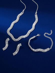 Ladies' Luxury Fashion Jewelry 4-Piece Set, Rhinestone Necklace+Earrings+Bracelet, Elegant And Generous, Is The Best Accessory For Wedding Banquets, Parties, And Events